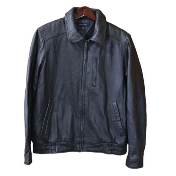 Vintage 90s Tommy Hilfiger Black Leather Jacket Medium Distressed Biker Punk - Picture 1 of 16